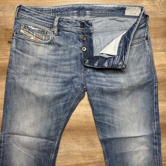 Diesel Jeans Men 34x28 Blue Zatiny Bootcut Denim Western Fade Thrash Hemmed 28" - Picture 1 of 13